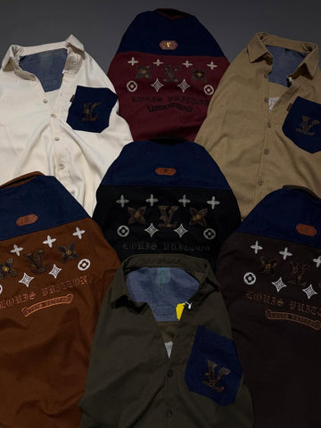 Premium Korean Style Two-Tone Oversized Shirt for Men – Embroidered Back Streetwear Shirt